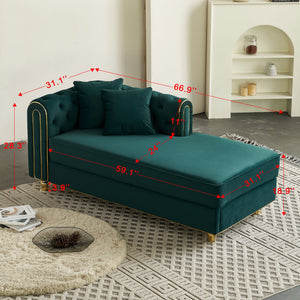 English Elm 66.9''W Velvet Chaise Lounge with Tufted Back and Gold Trim, Luxury Modern Sofa for Living Room Green W579P224636