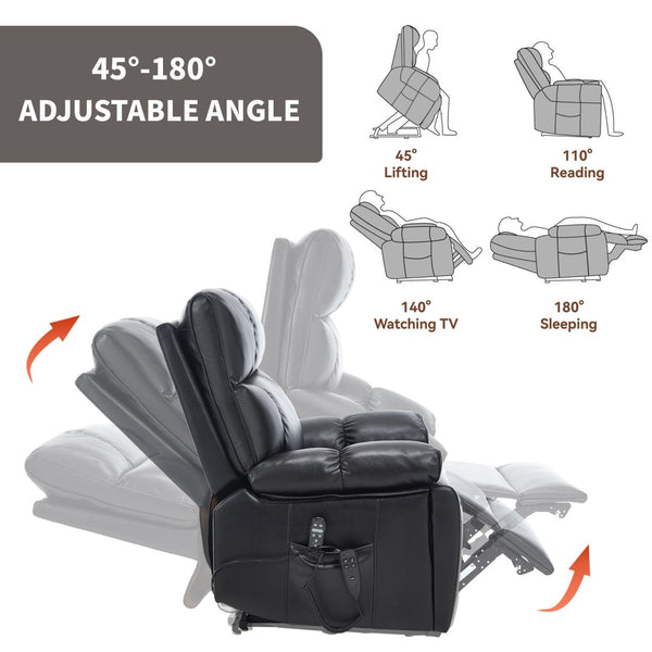 English Elm Black Leatheraire Power Lift Recliner with Massage Heat and 350 Lb Dual Motor W1803P340318