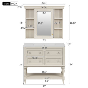 English Elm 36'' Modern Bathroom Vanity with Ceramic Sink and Medicine Cabinet, Solid Wood Frame, 4 Drawers, Waterproof Finish Beige SW000138AAY-1
