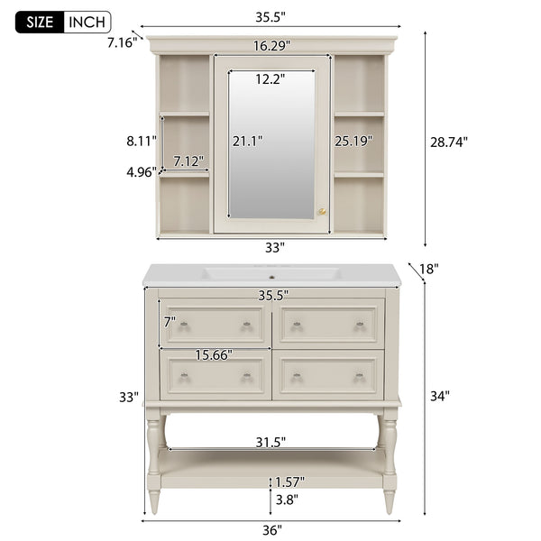 English Elm 36'' Modern Bathroom Vanity with Ceramic Sink and Medicine Cabinet, Solid Wood Frame, 4 Drawers, Waterproof Finish Beige SW000138AAY-1