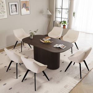 English Elm 63" Medieval-Modern Brown Mdf Dining Table Set With 6 Beige Pu Chairs & Black Metal Legs For Elegance W2189S00690