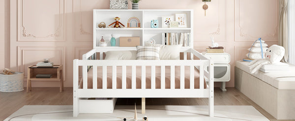 English Elm Full Solid Wood Platform Bed with Chalkboard Headboard, Storage Drawers & Shelves, Kid-Friendly White Off White W1580P362707