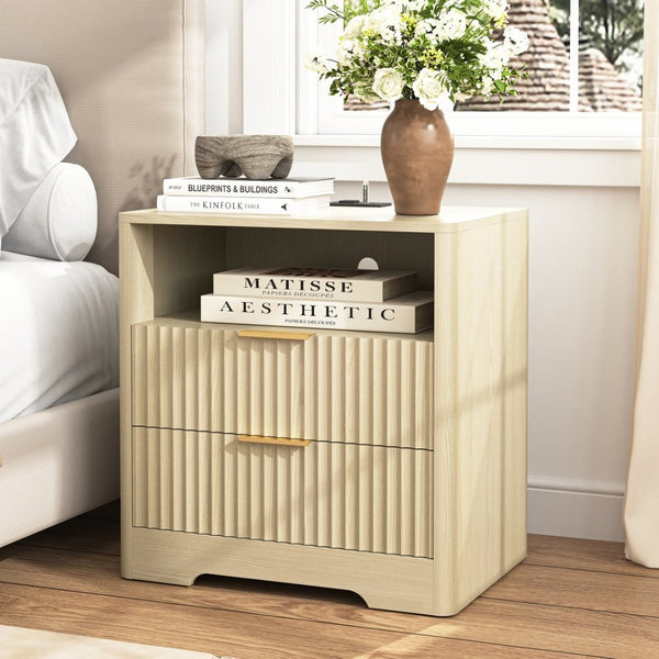 English Elm Nightstand Wood Cabinet with Built-in Usb Charging Ports and Voice Controlled Night Light W1321P399415