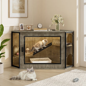 English Elm 48" Corner Mdf Cat Litter Enclosure Cabinet with Led Acrylic Door and Play Loft Grey N704P402446E