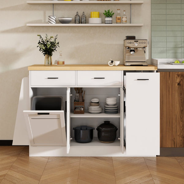 English Elm Trexm Farmhouse Kitchen Sideboard with Hidden Trash Cabinet and Built-in Spice Rack White XW000027AAK