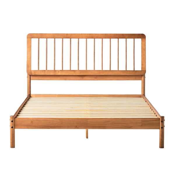 English Elm Walker Edison - Mid-Century Solid Pine Queen Spindle Bed in Caramel — Warp-Resistant Slats, Stable 3-Leg Support B185P169115
