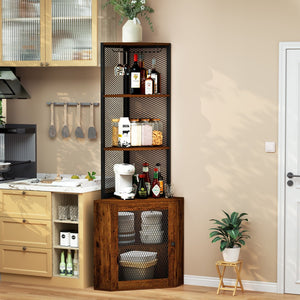 English Elm Corner 65" Corner Cabinet with Doors, 6-Tier Freestanding Storage Shelf w/Wine Rack, USB & AC Power T3177P268172