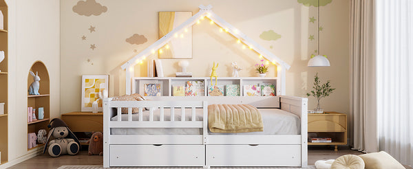 English Elm Wood Full Size Gaming Loft Bed with Integrated Desk, Shelves, LED Lighting & Hanging Clothes Rack White N7090001044K