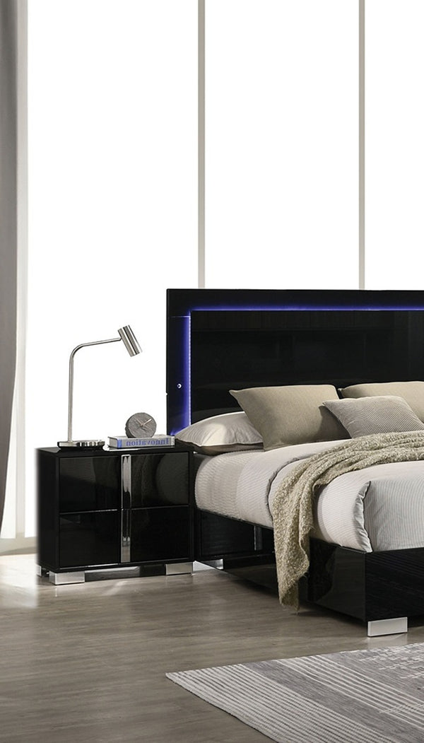 English Elm Black Modern Piano Nightstand with Chrome Legs & Vertical Handles, UV Finish, Contemporary 23.5"W x 15.5"D B011P317867