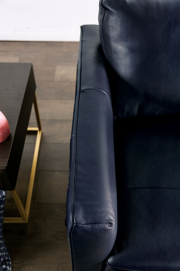 English Elm Contemporary Mezzanotte Italian Leather Armchair with Track Arms, Welted Box Cushions & Metal Legs Blue 38 L x 39 W x 28 H B2741S00578