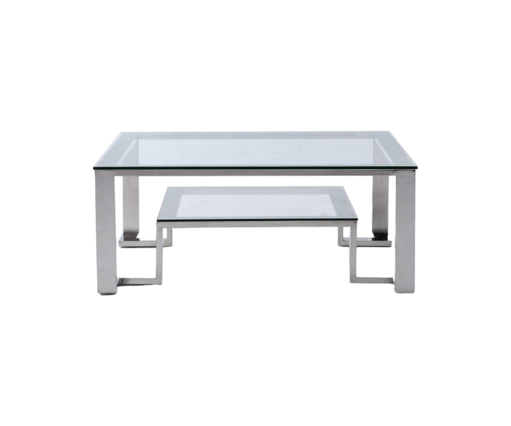 Homeroots Square Clear Glass Coffee Table With Stainless Steel Base   320725