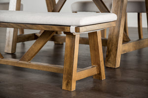 English Elm Modern Rustic Upholstered Bench 59.5" with Brown Cushion on White Trestle Base — Farmhouse Comfort B2741P366713