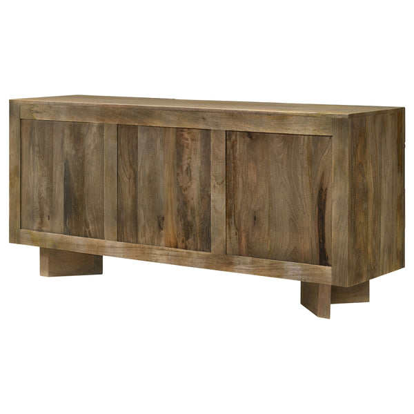 English Elm Roman Mango Brown Chevron 3-Door Server with Ornate Bracket Feet, Adjustable Shelves & Rustic Charm B062P358298