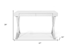 Homeroots 47" White And Silver Writing Desk With Two Drawers  Stainless Steel 320752