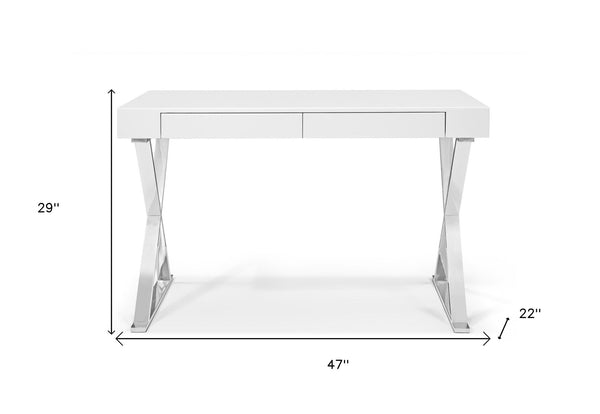 Homeroots 47" White And Silver Writing Desk With Two Drawers  Stainless Steel 320752