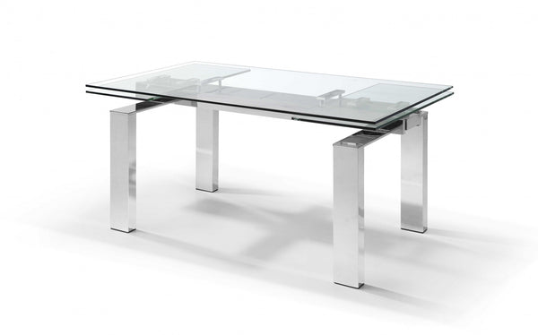 Homeroots 63" Clear And Silver Glass And Stainless Steel Self-storing Leaf Dining Table  Glass 320769