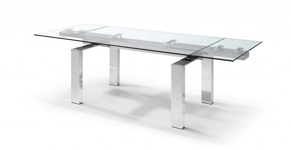 Homeroots 63" Clear And Silver Glass And Stainless Steel Self-storing Leaf Dining Table  Glass 320769