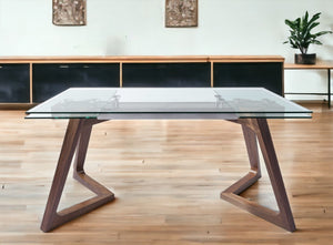 Homeroots 63" Clear And Brown Glass And Solid Wood Self-storing Leaf Dining Table  Glass,Tempered 320777