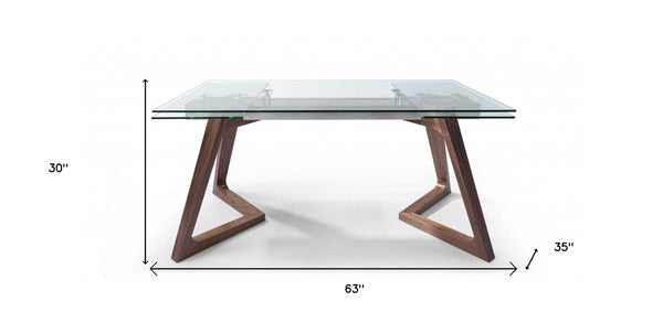 Homeroots 63" Clear And Brown Glass And Solid Wood Self-storing Leaf Dining Table  Glass,Tempered 320777