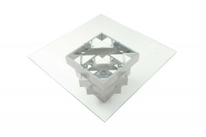 Homeroots 59" Clear And Gray Square Glass And Solid Wood Pedestal Base Dining Table   320783