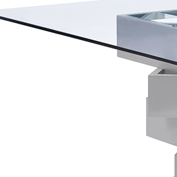 Homeroots 59" Clear And Gray Square Glass And Solid Wood Pedestal Base Dining Table   320783