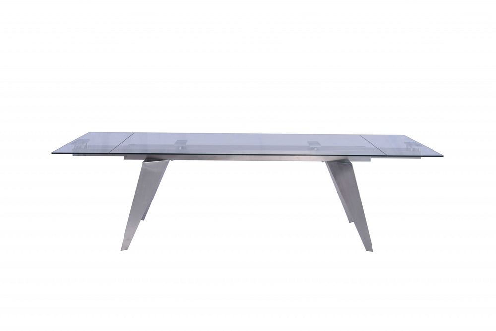 Homeroots 79" Clear And Silver Glass And Stainless Steel Self-storing Leaf Dining Table  Glass 320786