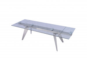 Homeroots 79" Clear And Silver Glass And Stainless Steel Self-storing Leaf Dining Table  Glass 320786
