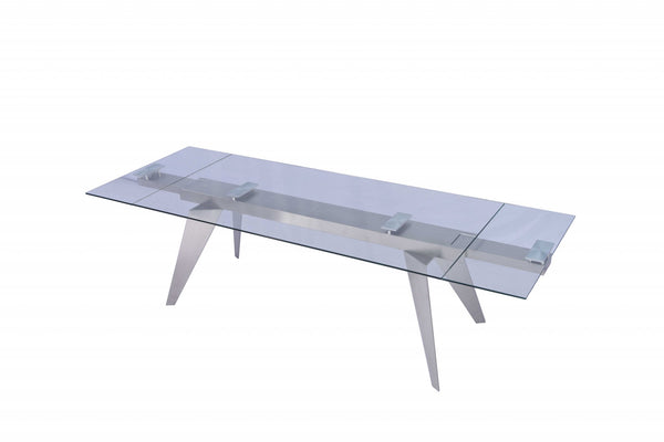 Homeroots 79" Clear And Silver Glass And Stainless Steel Self-storing Leaf Dining Table  Glass 320786