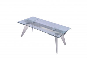 Homeroots 79" Clear And Silver Glass And Stainless Steel Self-storing Leaf Dining Table  Glass 320786