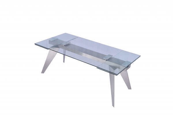 Homeroots 79" Clear And Silver Glass And Stainless Steel Self-storing Leaf Dining Table  Glass 320786