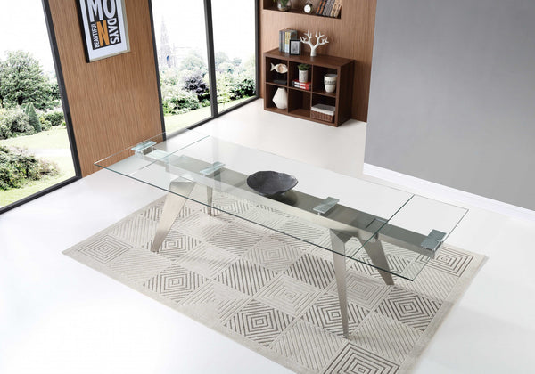 Homeroots 79" Clear And Silver Glass And Stainless Steel Self-storing Leaf Dining Table  Glass 320786