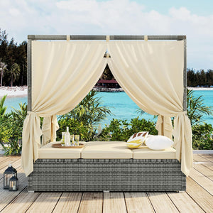 English Elm Wicker Adjustable Canopy Daybed with Curtains and Cushions, PE Rattan Steel Frame for Poolside Relaxation W349P271980