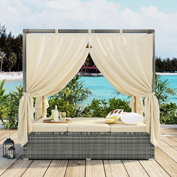English Elm Wicker Adjustable Canopy Daybed with Curtains and Cushions, PE Rattan Steel Frame for Poolside Relaxation W349P271980