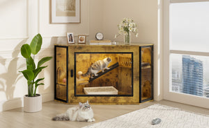 English Elm 48" Corner Mdf Cat Litter Enclosure Cabinet with Led Acrylic Door and Play Loft Tiger N704P402446D