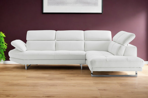 Homeroots 111" White Top Grain Leather Sofa Chaise With Silver Legs   320885