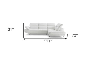 Homeroots 111" White Top Grain Leather Sofa Chaise With Silver Legs   320885