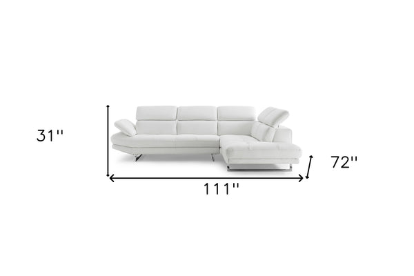 Homeroots 111" White Top Grain Leather Sofa Chaise With Silver Legs   320885