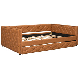 English Elm Full XL Upholstered Daybed with Trundle and Built-In LED Lighting, Tufted Arms, Solid Wood Frame Brown N7090000611D