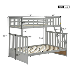 English Elm Twin Solid Pine Over Full Bunk Bed Gray with Ladder, Full-Length Guardrail, Sturdy Frame, Safe Design W495S00011