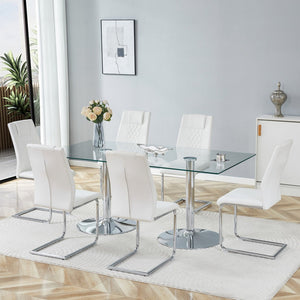 English Elm Table and Chair Set Extendable Mdf Round Oval Dining with 6 Gray Pu Seats Silver,Transparent,White W1151S04554