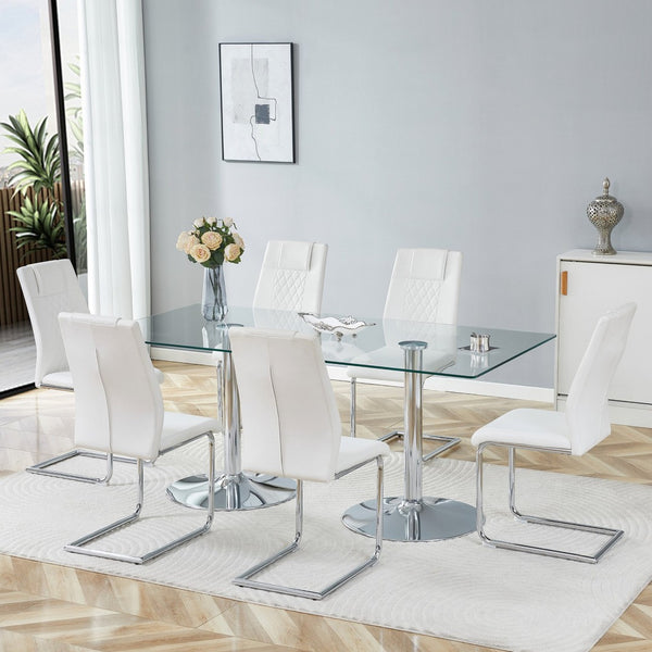 English Elm Table and Chair Set Extendable Mdf Round Oval Dining with 6 Gray Pu Seats Silver,Transparent,White W1151S04554