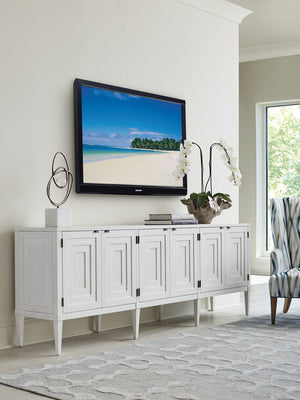 Lexington Sligh Clearwater Coastal Media Console With Six Doors, Adjustable Shelves & Elegant Shell White Finish Creamy White Wood 320-661