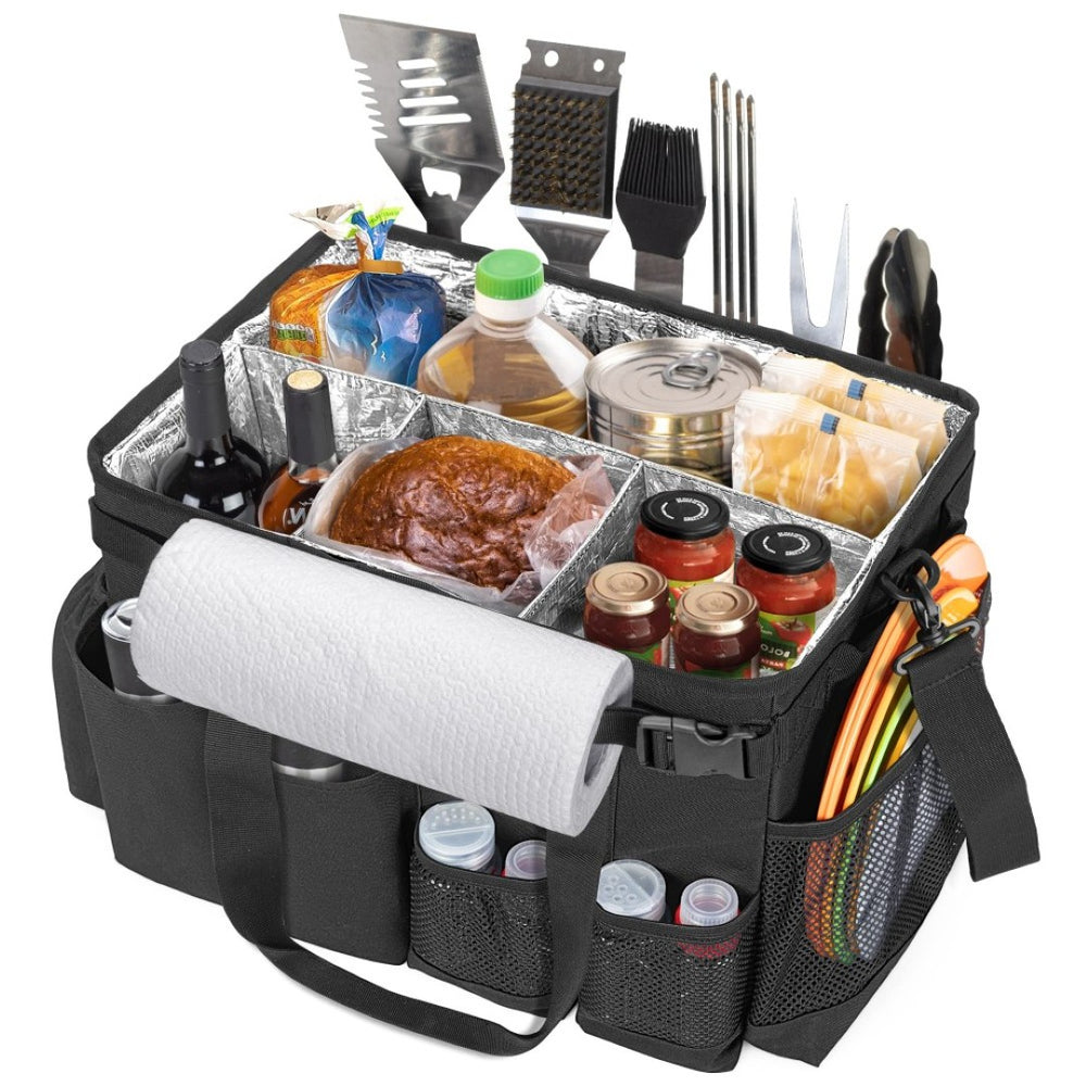 English Elm Picnic Bbq Caddy Bag with Aluminum Interior Mesh Pockets and Foldable Organizer W2181P481692