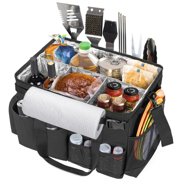 English Elm Picnic Bbq Caddy Bag with Aluminum Interior Mesh Pockets and Foldable Organizer W2181P481692