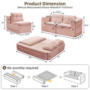 English Elm Multi Functional Sectional Sofa Bed in Baby Pink Plush Corduroy with Independent Chaise, Convertible Sleeper and 3 Pillows, Deep Seat Comfort W3219P387267