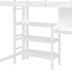 English Elm Twin Loft Bed with Built-in Desk Shelving and Dry-erase Board for Kids Rooms White LT100320AAK