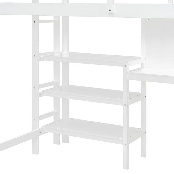 English Elm Twin Loft Bed with Built-in Desk Shelving and Dry-erase Board for Kids Rooms White LT100320AAK
