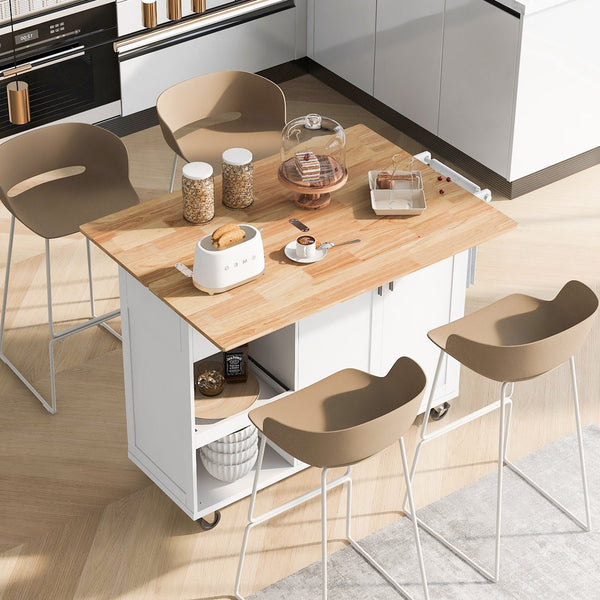 English Elm K&K Kitchen Island with Foldable Countertop, Spacious Mobile Storage Cart, Soft-Close Doors, Durable Rubberwood Top and Locking Wheels White N707P173036W