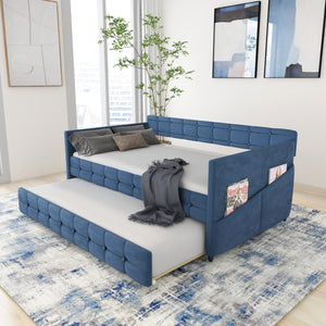 English Elm BLUE Velvet Upholstered Twin Daybed with Removable Trundle, Rubberwood Slats, Wheels, No Box Spring Required, Compact Chic Design W1867S00005
