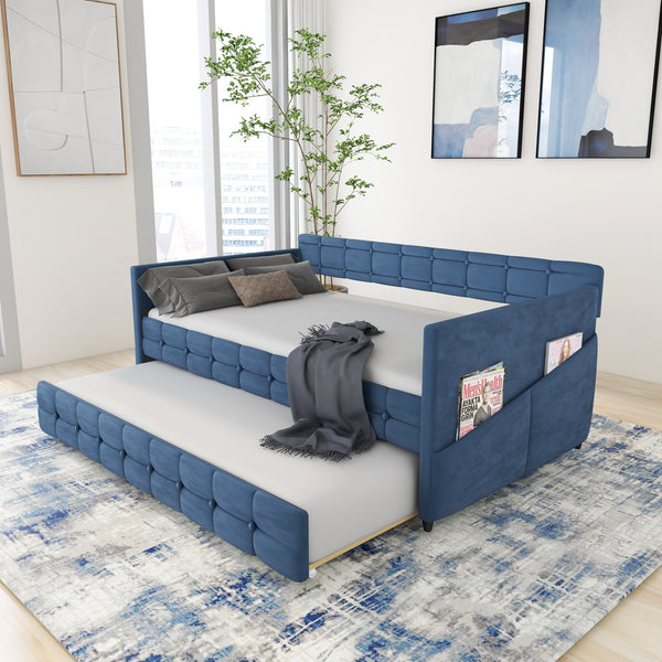 English Elm BLUE Velvet Upholstered Twin Daybed with Removable Trundle, Rubberwood Slats, Wheels, No Box Spring Required, Compact Chic Design W1867S00005